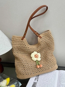 Borsa Tote in Maglia Intrecciata Casual da Donna Grande Capacità Borsa da Spiaggia a Rete Con Tracolla in Pelle Ciondolo a Fiore