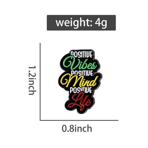 Detailed view of Positive Vibes enamel pin with dimensions 1.2x0.8 inches and 4g weight