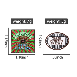 Detailed view of enamel badges with Harry Potter themed text and size specifications