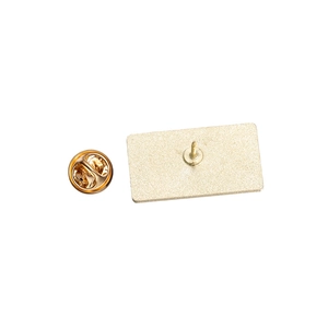 Detailed back view of golden metal badge showing the butterfly clutch pin fastening