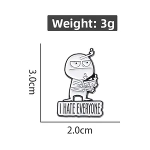 Funny cartoon figure enamel pin 'I Hate Everyone' showing dimensions 3.0x2.0cm and 3g weight