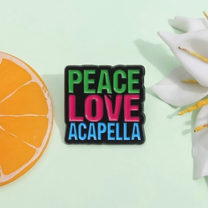 Colorful Peace Love Acapella enamel square badge pin on mint green background