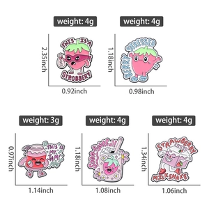 Detailed size chart of five strawberry enamel pins with precise dimensions and weights