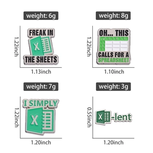 Detailed view of four Excel-themed spreadsheet enamel pins with size and weight specs