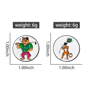 Detail view showing 1.00 inch golf animal enamel pins weighing 6g with bulldog and tiger