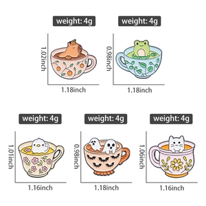 Detailed size chart showing weight and dimensions of various cute animal enamel cup pins