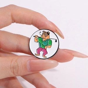 Cartoon bulldog enamel pin with golf club and cigarette on circular alloy brooch
