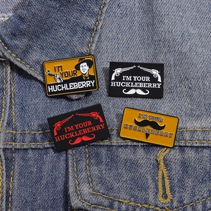 Set of 4 I'm Your Huckleberry enamel pins with movie character and mustache icons