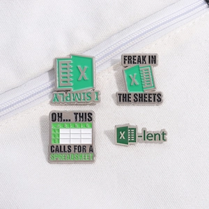 Excel office software enamel pin set with creative green metal badges on canvas
