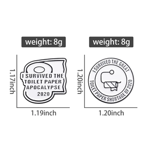 Detail view of creative toilet paper enamel pins with black and white finish and butterfly clasp