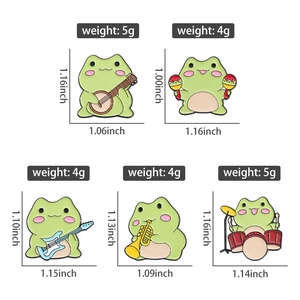 Tableau des tailles détaillé pour cinq pin's émaillés grenouilles musiciens avec poids