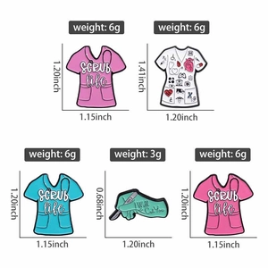 Detailed size and weight chart for medical scrub enamel pins with creative slogans