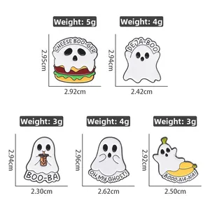 Macro shot of Halloween ghost burger enamel pins with precise weight and size dimensions