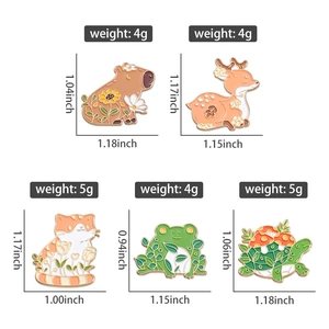 Detailed view of enamel animal brooches with dimensions and weight specifications