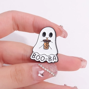 Cute white ghost enamel pin holding boba tea with BOO-BA text for Halloween