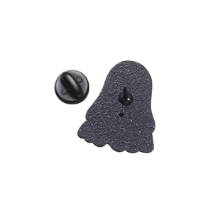 Ghost enamel pin badge back view with butterfly clutch on textured black metal base