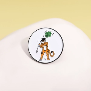 Minimalist round enamel pin featuring a cartoon tiger swinging a golf club design
