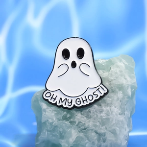 Cute white ghost enamel pin badge with 'OH MY GHOST!' text for Halloween gifts
