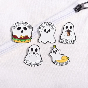 Set of five cute Halloween ghost enamel pins with food puns on white canvas background
