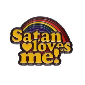 Regenbogen Emaille Anstecknadel mit Satan loves me Text und gelbem Herz