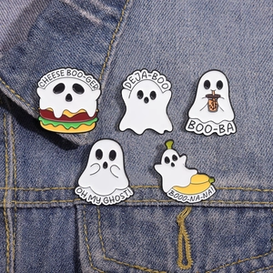 Set of 5 cartoon ghost enamel pins with puns on a dark denim background