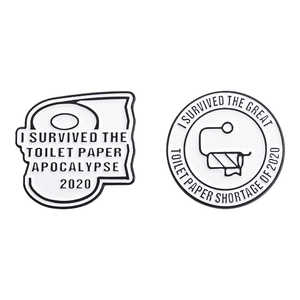 Minimalist toilet paper roll enamel pin set with 2020 commemorative text on white background
