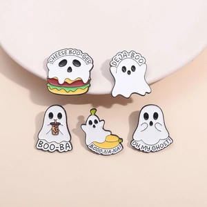 5-piece set of cute ghost food enamel pins with burger and boba designs on a ceramic plate
