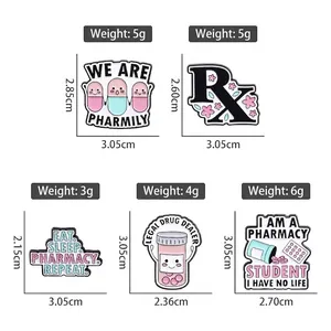Cartoon pharmacist enamel pins with medical capsule and pharmacy student designs