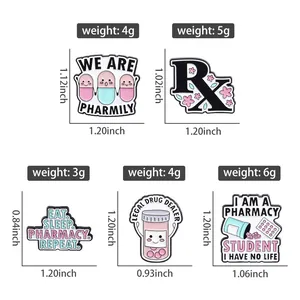 Size chart showing medical enamel pin dimensions and weights for pill and RX designs