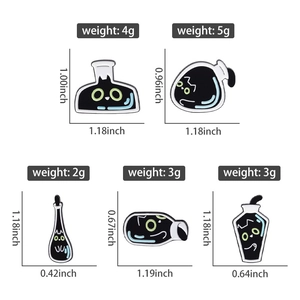 Detailed size chart for black cat potion enamel pins with weights and measurements