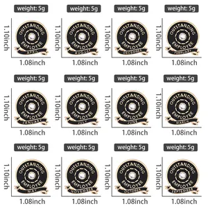 Size chart for 12 outstanding employee enamel badges with dimensions and monthly designs