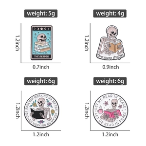 Detail showing reading skeleton enamel pin set with tarot card theme and size specs