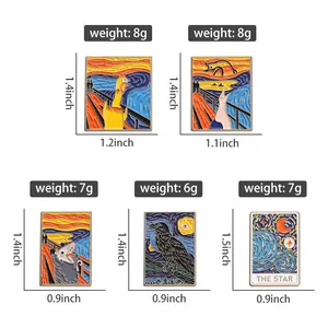 Size chart showing cartoon enamel pins with starry sky art style and dimensions
