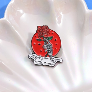 Gothic skull hand and red rose enamel brooch pin with Cat got your tongue text