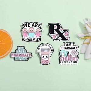5-piece set of cartoon pharmacy enamel pins featuring pills and Rx symbols for medicine students