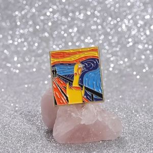 Creative enamel brooch featuring The Scream painting with a funny yellow rubber chicken
