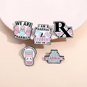 5-piece pink and blue pharmacy enamel pins set with Rx pills and pharmacy slogans