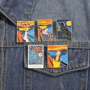 5-piece geometric enamel pins with animal parody oil paintings on denim jacket