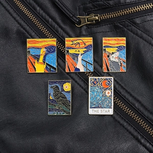 Close-up of five artistic enamel pins on leather jacket featuring oil painting animal mashups