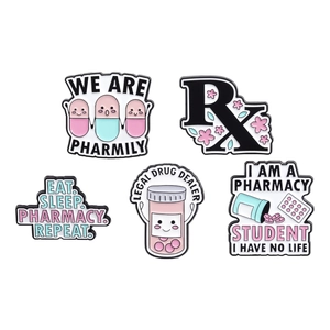 5-piece pharmacist enamel pin set featuring Rx symbols and funny pharmacy student quotes
