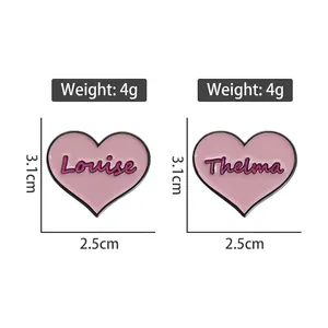 Pink heart enamel pins set with Louise and Thelma names, 3.1cm metal brooch badges
