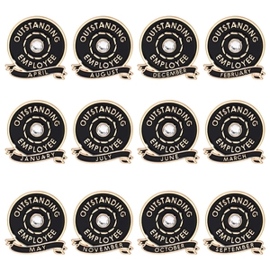 Set of 12 enamel monthly employee recognition badges with gold borders and clear crystals