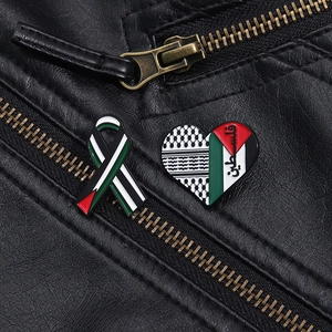 Minimalist heart and ribbon pins with Palestine flag colors and Keffiyeh pattern