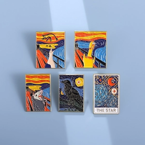 Creative Art Parody Enamel Brooch Pin Funny Famous Painting The Scream Starry Night Opossum Crow Tarot Star Alloy Lapel Badge Pin Jewelry Accessories