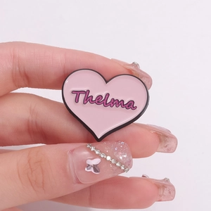 Pink heart-shaped enamel brooch with Thelma lettering for clothes and hat decoration