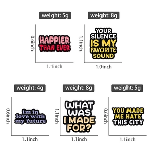 Detailed size and weight measurements for colorful enamel mental pins with lyrics