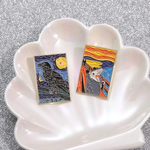 Artistic enamel brooches featuring Van Gogh and Munch inspired animal oil painting designs
