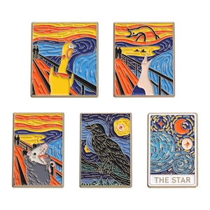 Creative enamel pins set featuring famous oil painting art parodies and starry night themes