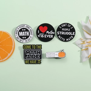 Set of five creative mathematics enamel pins with funny equations on green background
