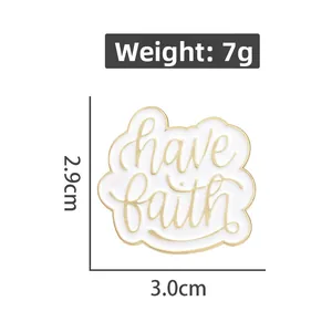 Enamel 'have faith' letter brooch pin in white and gold metal finish, 3cm size